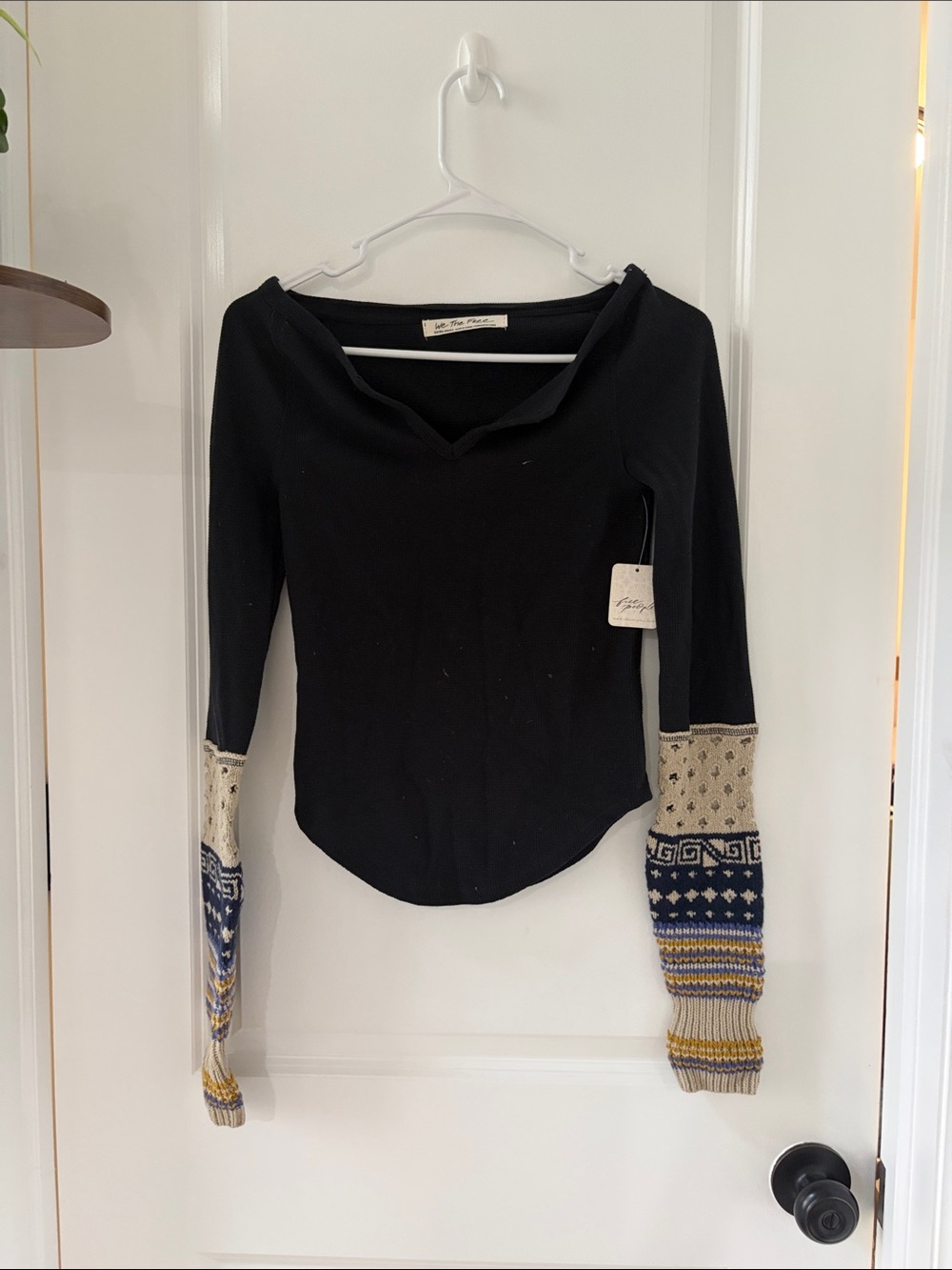 Free People Black Shirt with patterned cuffs